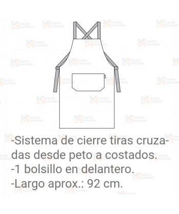 Delantal largo con peto y bolsillos. Ajuste mediante tirantes cruzados