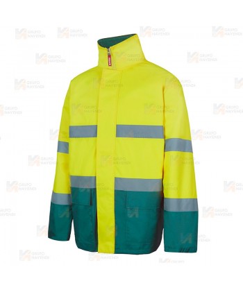 Parka alta visibilidad bicolor acolchada e impermeable color amarillo flúor/verde