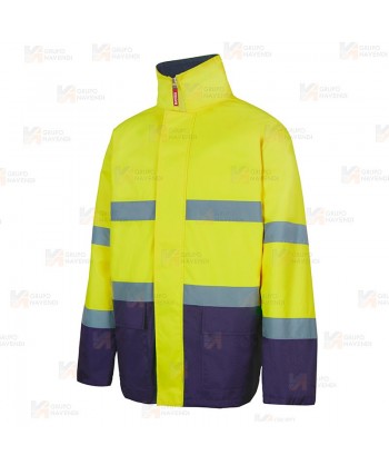 Parka alta visibilidad bicolor acolchada e impermeable color amarillo flúor/marino