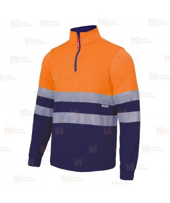 Sudadera alta visibilidad bicolor con media cremallera color naranja flúor/marino