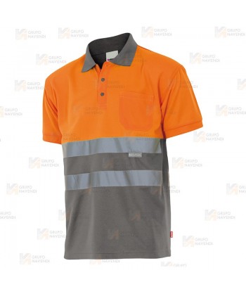 Polo de alta visibilidad bicolor de manga corta en tejido técnico color naranja flúor/gris