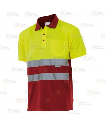 Polo de alta visibilidad bicolor de manga corta en tejido técnico color amarillo flúor/rojo