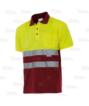 Polo de alta visibilidad bicolor de manga corta en tejido técnico color amarillo flúor/granate
