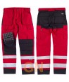 Pantalón multibolsillos bicolor rojo y negro con cintas reflectantes