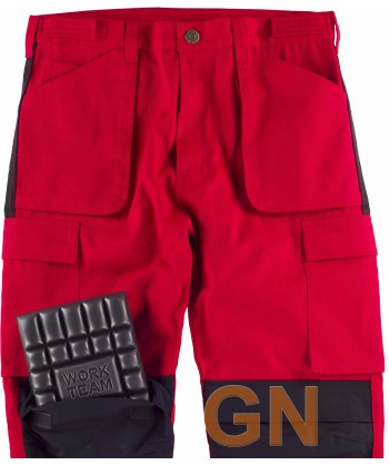 Pantalón multibolsillos bicolor rojo y negro con cintas reflectantes