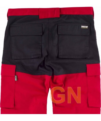 Pantalón multibolsillos bicolor rojo y negro con cintas reflectantes