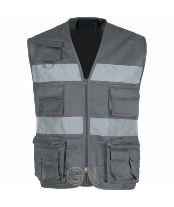 Chaleco multibolsillos tipo reportero gris con cintas reflectantes