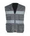 Chaleco multibolsillos tipo reportero gris con cintas reflectantes