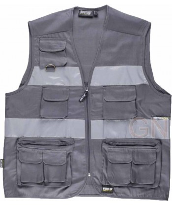 Chaleco multibolsillos tipo reportero gris con cintas reflectantes