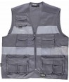 Chaleco multibolsillos tipo reportero gris con cintas reflectantes