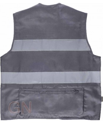 Chaleco multibolsillos tipo reportero gris con cintas reflectantes