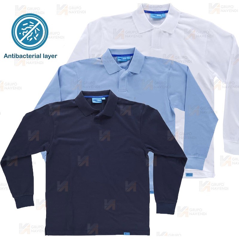 Polo antibacteriano de manga larga color celeste, blanco y marino