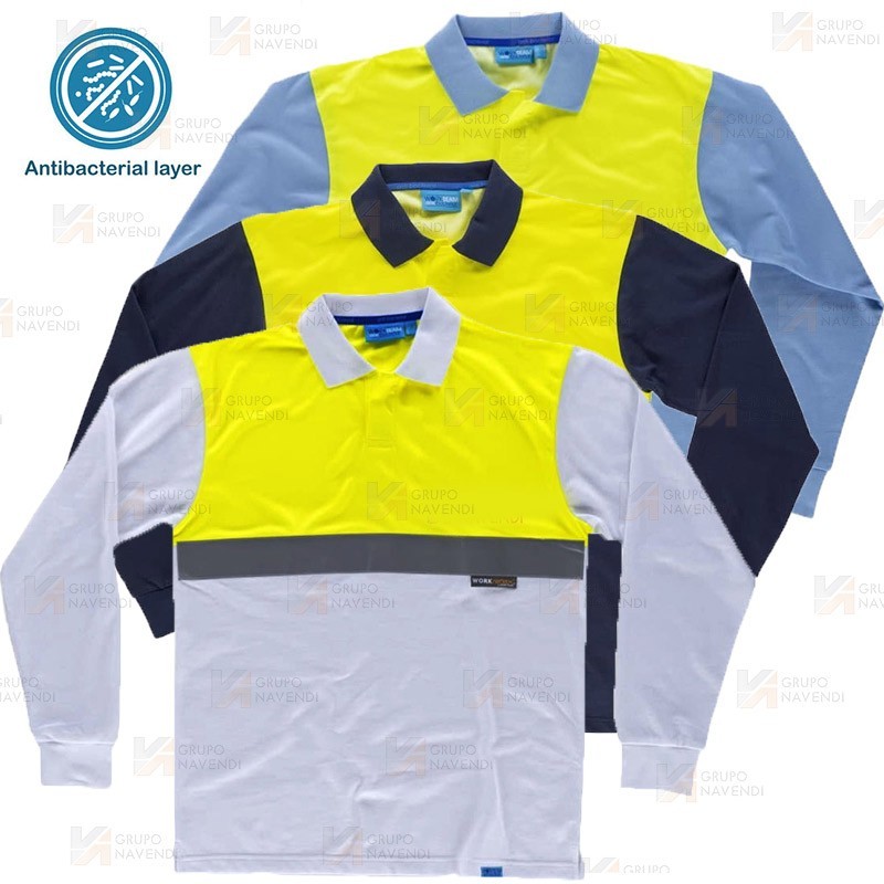 Polo bicolor antibacteriano de manga larga y cinta reflectante