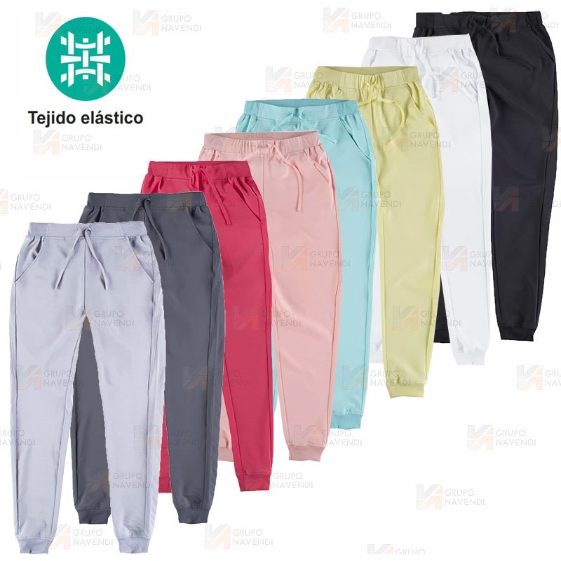 Pantalón sanitario con tejido elástico y elásticos en los bajos. Cintura con cordón y elásticos