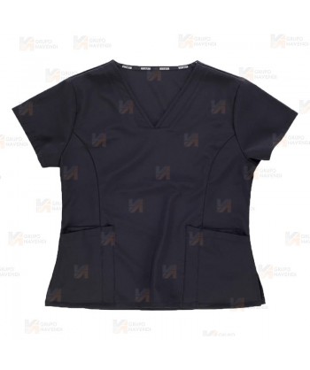 Casaca sanitaria entallada de cuello pico en tejido elástico color negro para mujer