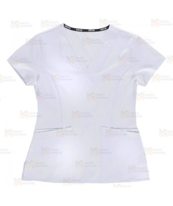 Casaca sanitaria entallada de cuello pico en tejido elástico color blanco para mujer