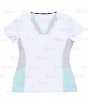 Casaca sanitaria entallada de cuello pico en tejido elástico para mujer
