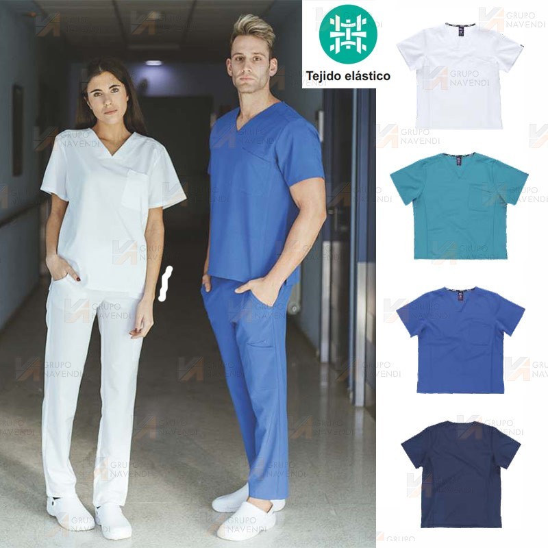 Casaca sanitaria de cuello pico en tejido elástico (Unisex)