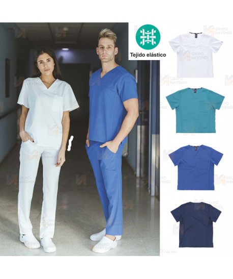 Casaca sanitaria de cuello pico en tejido elástico (Unisex)