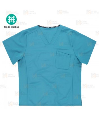 Casaca sanitaria de cuello pico en tejido elástico color turquesa (Unisex)