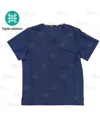 Casaca sanitaria de cuello pico en tejido elástico color marino (Unisex)