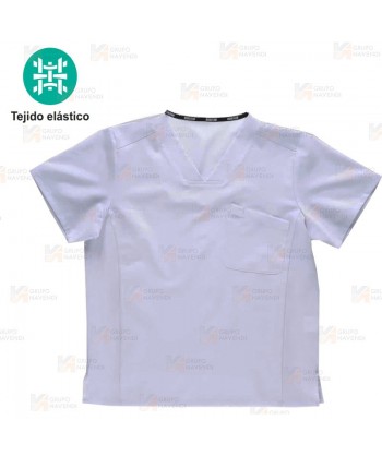 Casaca sanitaria de cuello pico en tejido elástico color blanco (Unisex)