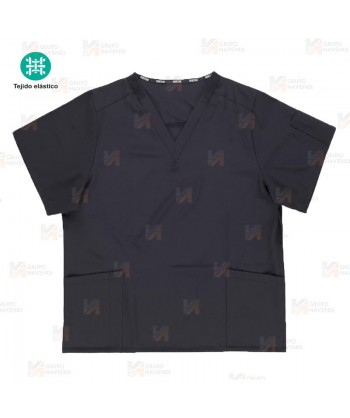 Casaca sanitaria de cuello pico en tejido elástico color negro (Unisex)