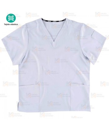 Casaca sanitaria de cuello pico en tejido elástico color blanco (Unisex)