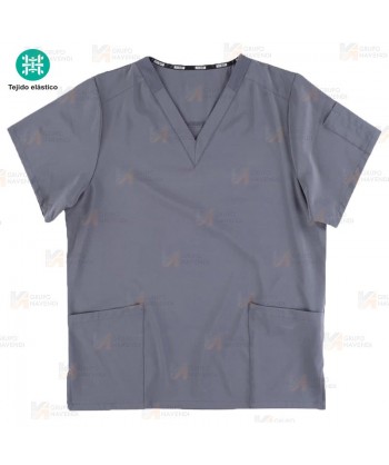 Casaca sanitaria de cuello pico en tejido elástico color gris (Unisex)