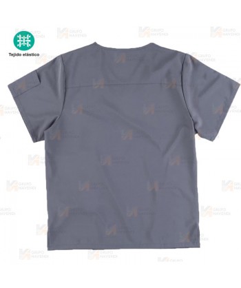 Casaca sanitaria de cuello pico en tejido elástico color gris (Unisex)