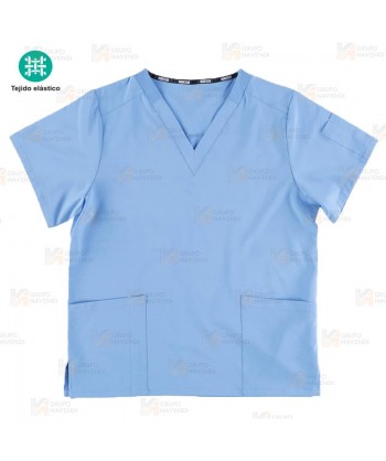 Casaca sanitaria de cuello pico en tejido elástico color celeste (Unisex)