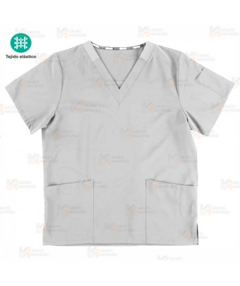 Casaca sanitaria de cuello pico en tejido elástico color gris claro (Unisex)