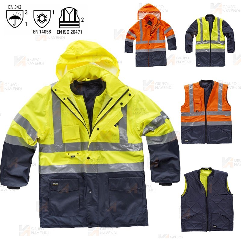 Parka alta visibilidad bicolor, desmontable amarillo flúor y marino