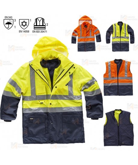 Parka alta visibilidad bicolor, desmontable amarillo flúor y marino