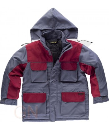 Parka acolchada bicolor con capucha gris/burdeos