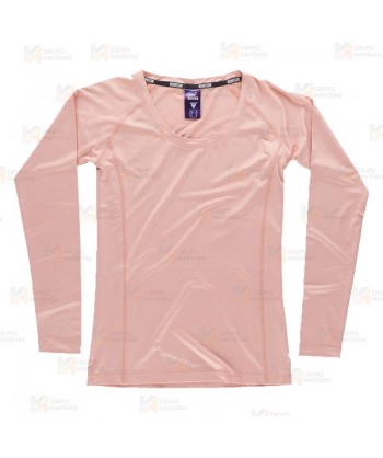 Camiseta técnica de manga larga y cuello redondo color melocotón para mujer