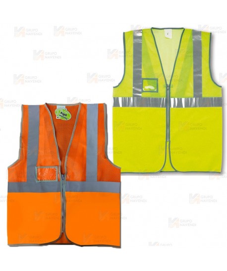 Chaleco de alta visibilidad con rejilla en su parte superior color naranja y amarillo flúor