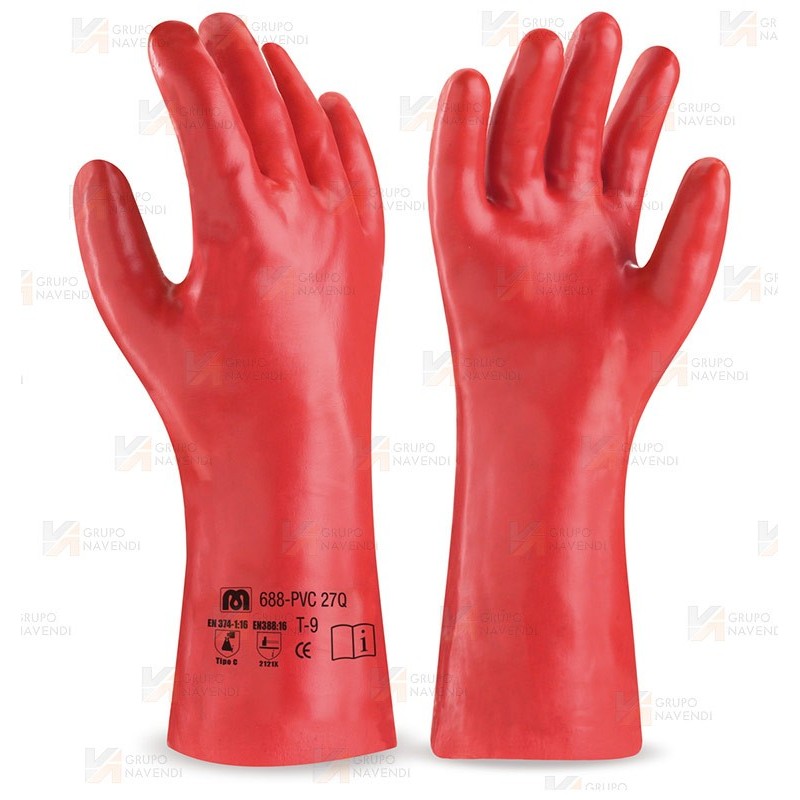 Guante de PVC rojo todo cubierto con manguito  (27 cm)