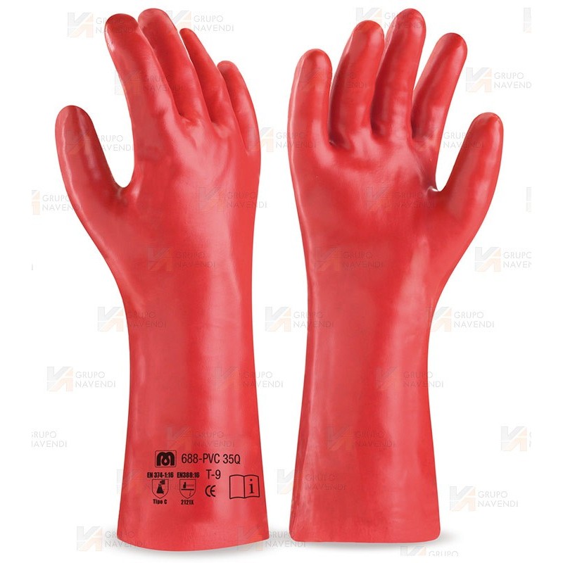 Guante de PVC rojo todo cubierto con manguito  (35 cm)
