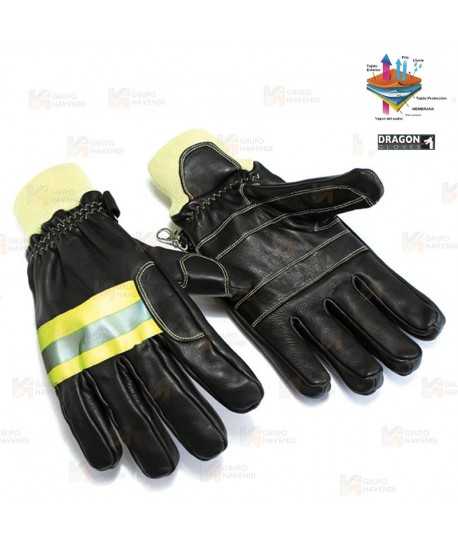 Guante largo de bombero en piel con membrana impermeable y transpirable. Cinta reflectante en el dorso