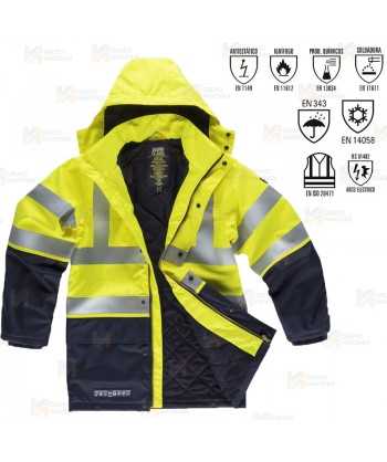 Parka ignífuga multinorma de fibra modacrílica amarillo flúor y marino