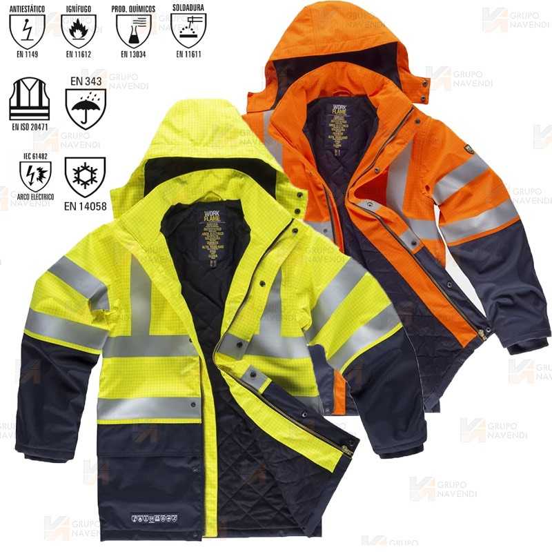 Parka ignífuga multinorma de fibra modacrílica amarillo flúor y marino