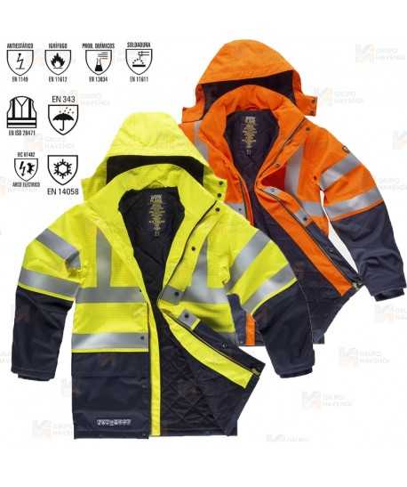 Parka ignífuga multinorma de fibra modacrílica amarillo flúor y marino