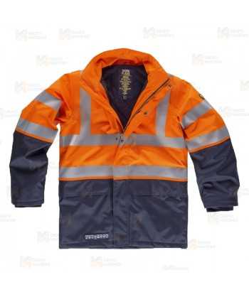 Parka ignífuga multinorma de fibra modacrílica naranja flúor y marino