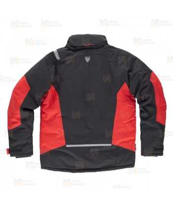 Parka bicolor acolchada y con capucha color rojo y negro