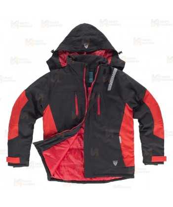 Parka bicolor acolchada y con capucha color rojo y negro