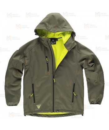 Cazadora softshell unisex con capucha para actividades outdoor color verde caza y amarillo flúor