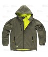 Cazadora softshell unisex con capucha para actividades outdoor color verde caza y amarillo flúor