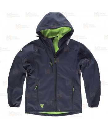 Cazadora softshell unisex con capucha para actividades outdoor color azul marino y verde lima