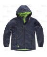 Cazadora softshell unisex con capucha para actividades outdoor color azul marino y verde lima